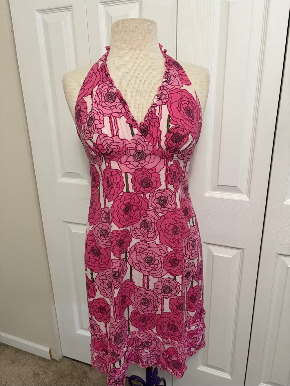 Pink Floral Print Tina Turk Halter Style Dress Size 8 - Picture 2 of 16